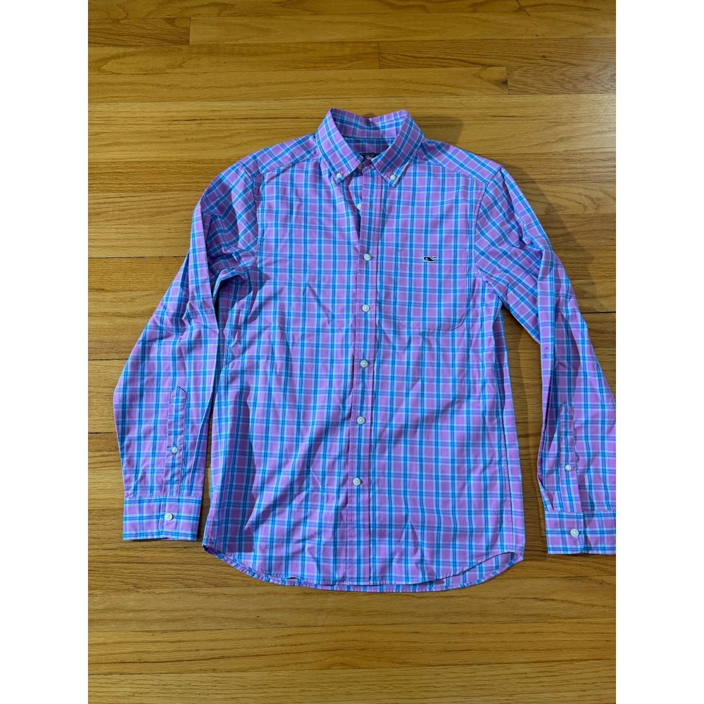 Vineyard Vines Mens XS Pink Blue Plaid Whale Logo Button Down Shirt Long Sleeve